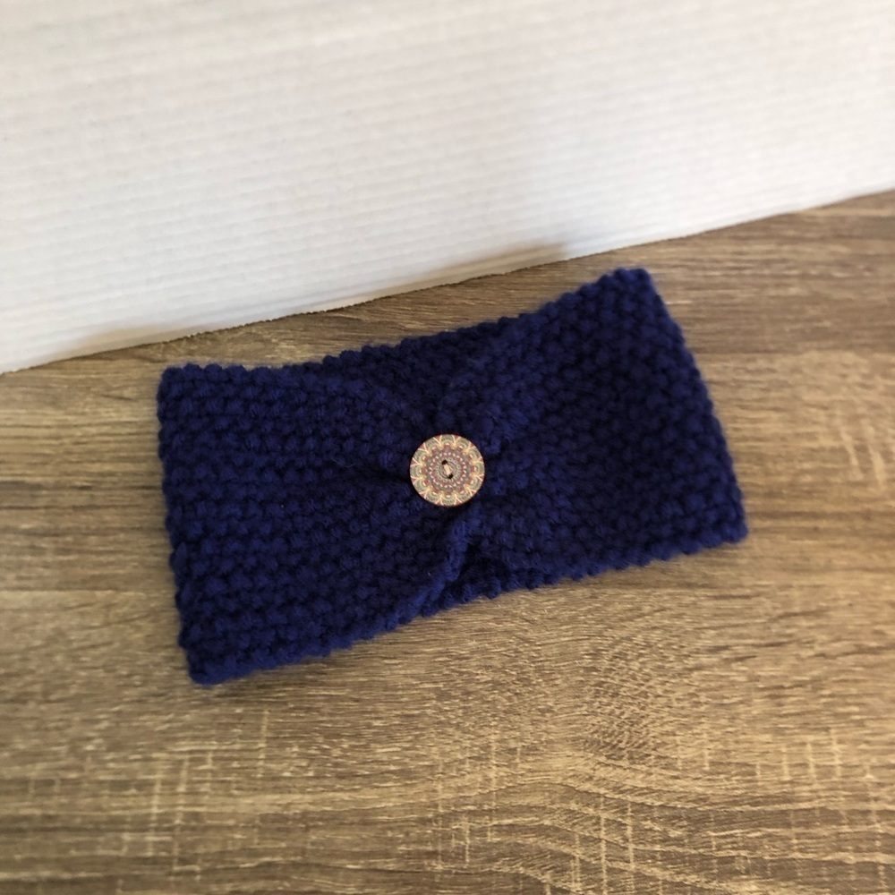 Hand Knit Blue Knot Headband with Button